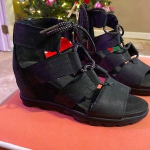 Lace up wedge, open toed black sandals. Worn once